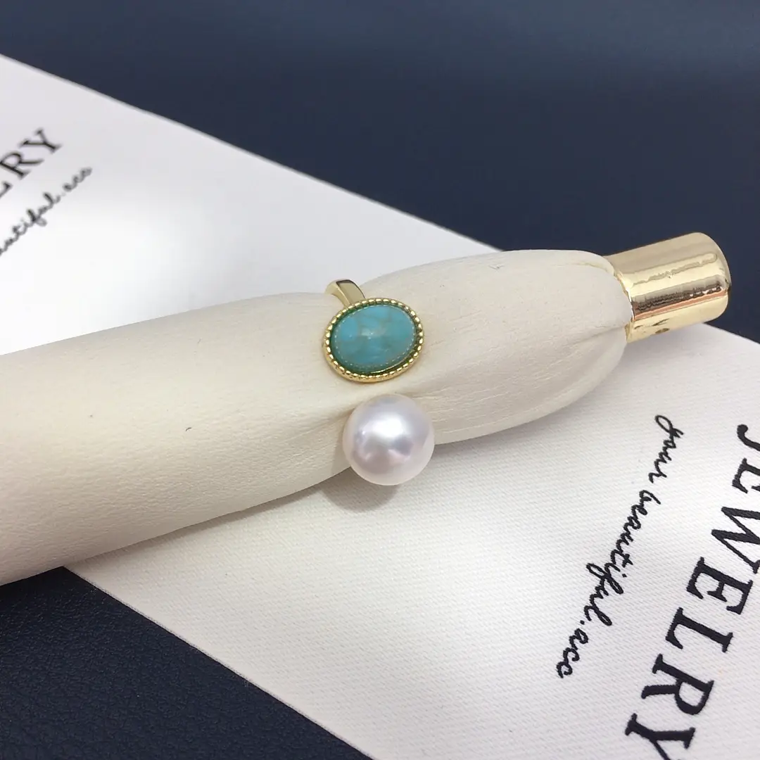 Natural Freshwater Pearl Open Ring with Turquoise Stone 18K Gold — feature 7