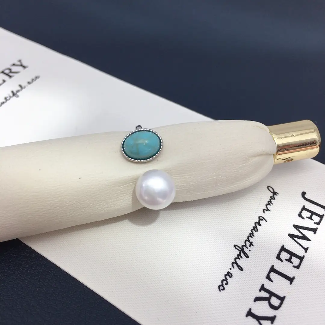 Natural Freshwater Pearl Open Ring with Turquoise Stone 18K Gold — feature 8