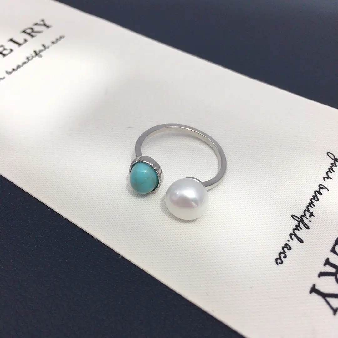 Natural Freshwater Pearl Open Ring with Turquoise Stone 18K Gold — feature 9