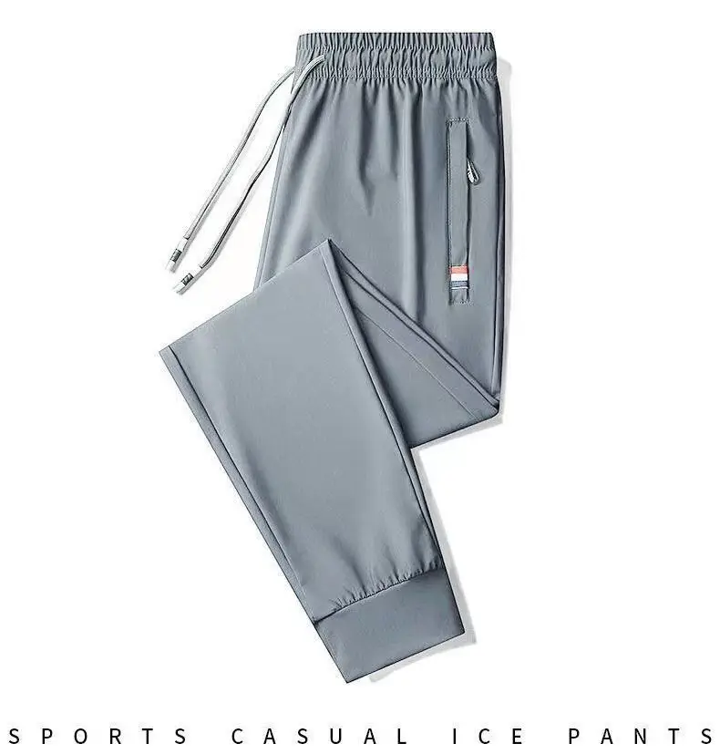 Men Black Zipper Ice Silk Pants Summer Loose — feature 8