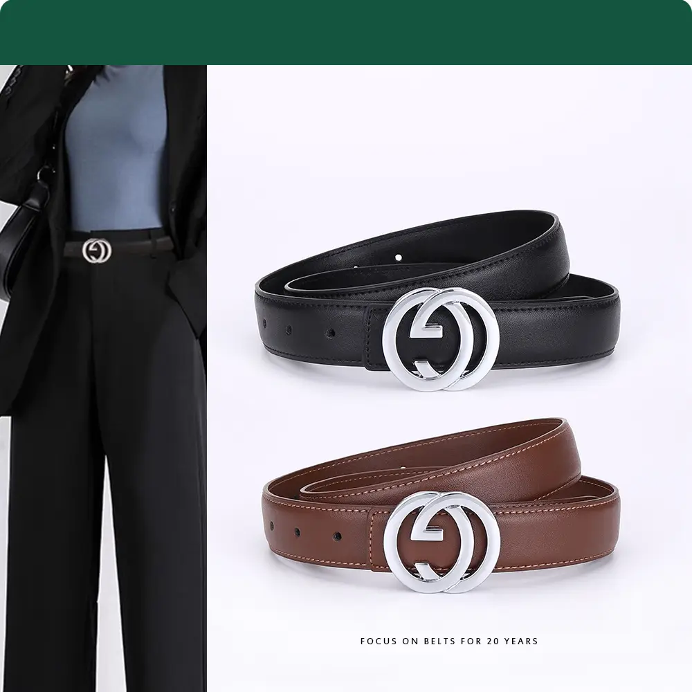 2026 Women's Black Leather Belt with Logo Buckle - Image 6