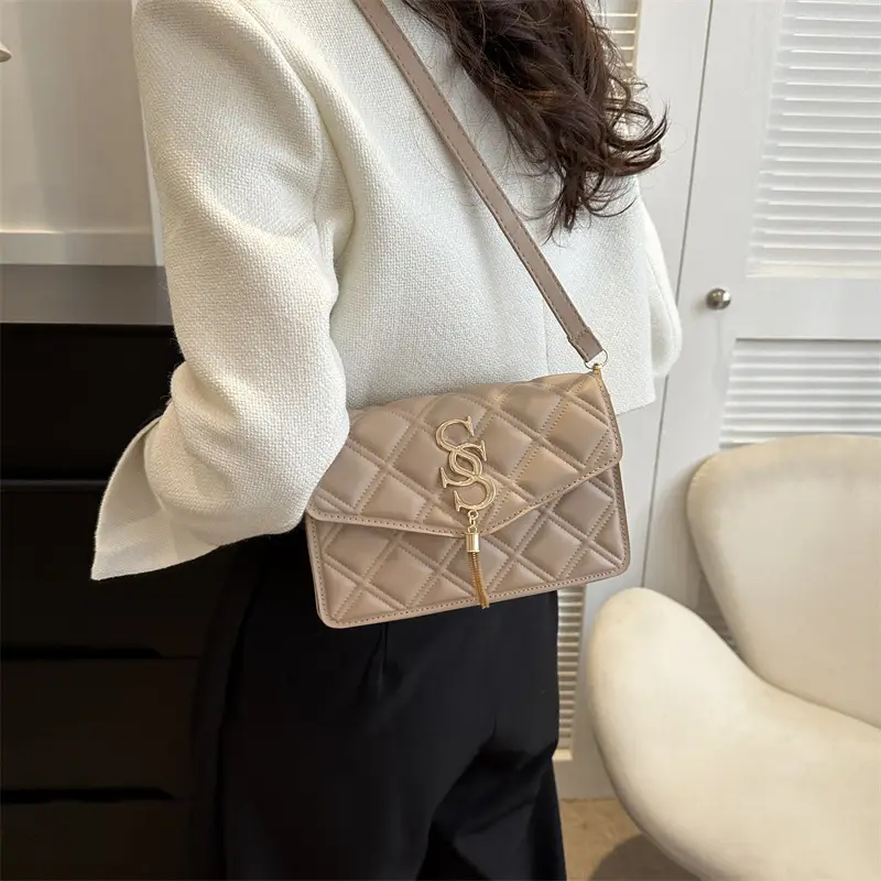 Brown Quilted Women's Shoulder Bag with Gold Logo - Image 8