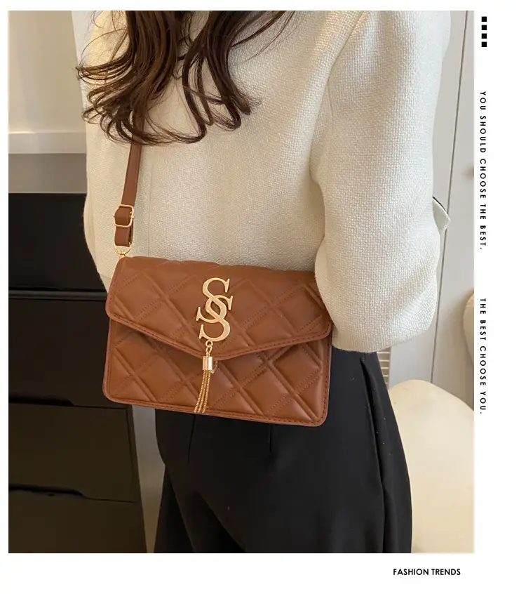 Brown Quilted Women's Shoulder Bag with Gold Logo — feature 1