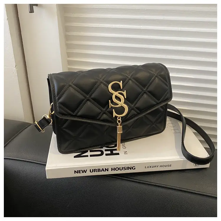 Brown Quilted Women's Shoulder Bag with Gold Logo — feature 10