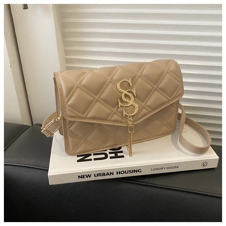 Brown Quilted Women's Shoulder Bag with Gold Logo — feature 16