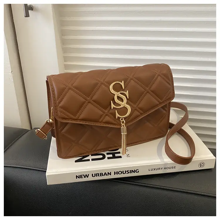 Brown Quilted Women's Shoulder Bag with Gold Logo — feature 18
