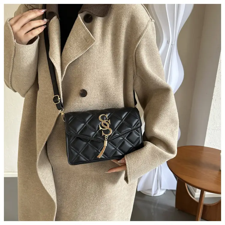 Brown Quilted Women's Shoulder Bag with Gold Logo — feature 19