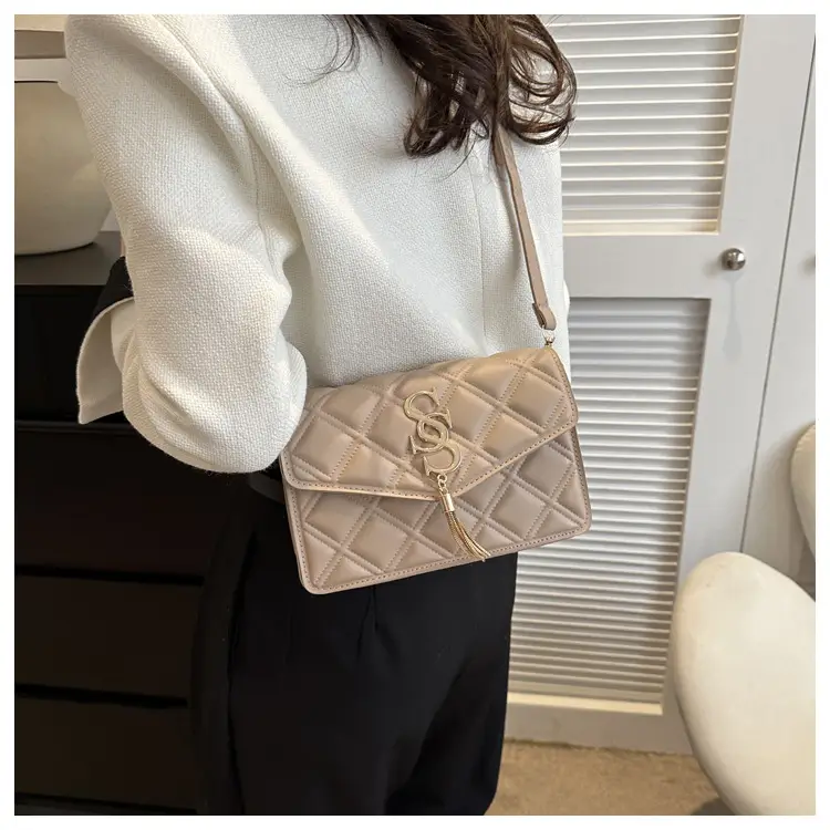 Brown Quilted Women's Shoulder Bag with Gold Logo — feature 24