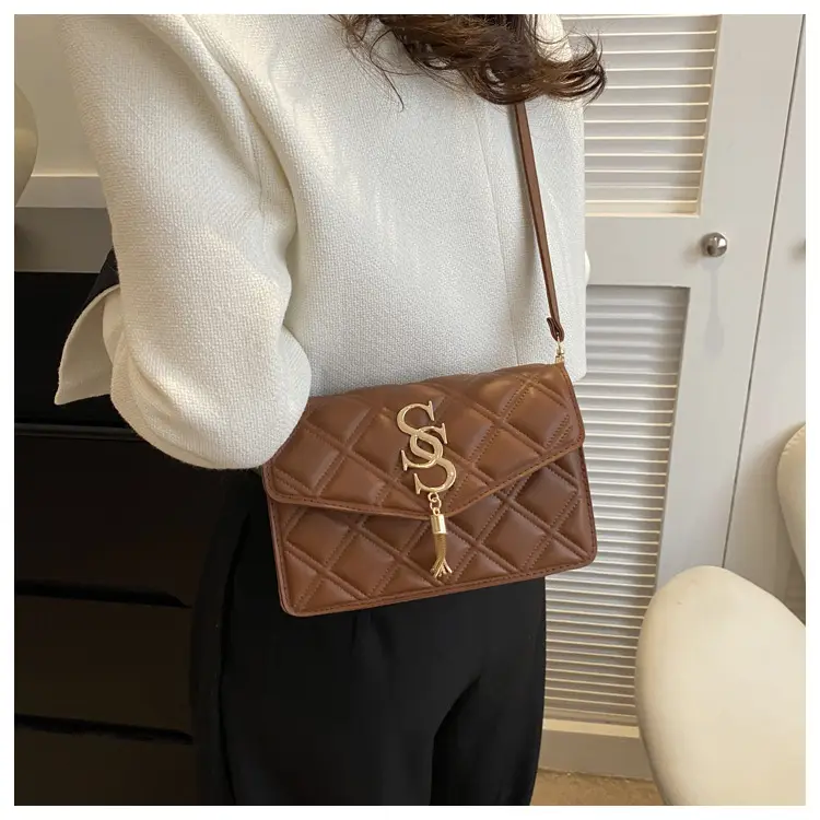 Brown Quilted Women's Shoulder Bag with Gold Logo — feature 27