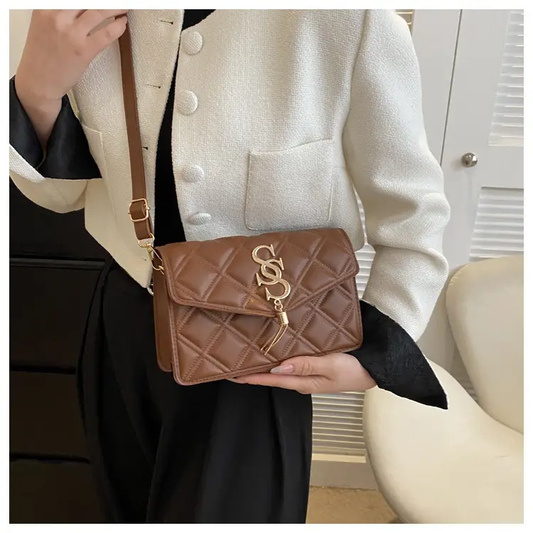 Brown Quilted Women's Shoulder Bag with Gold Logo — feature 28