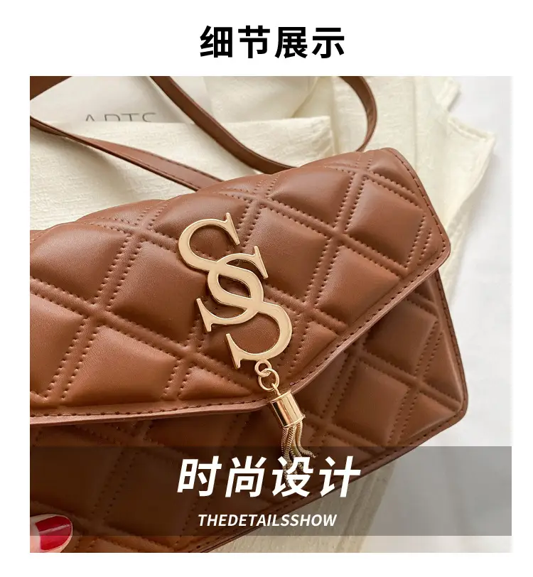 Brown Quilted Women's Shoulder Bag with Gold Logo — feature 3