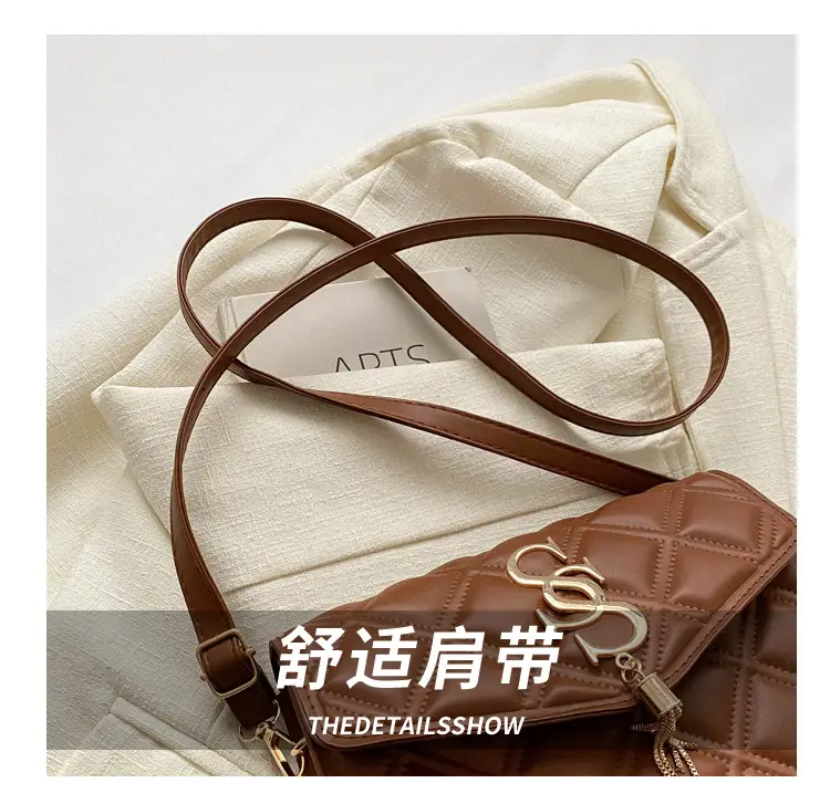Brown Quilted Women's Shoulder Bag with Gold Logo — feature 6