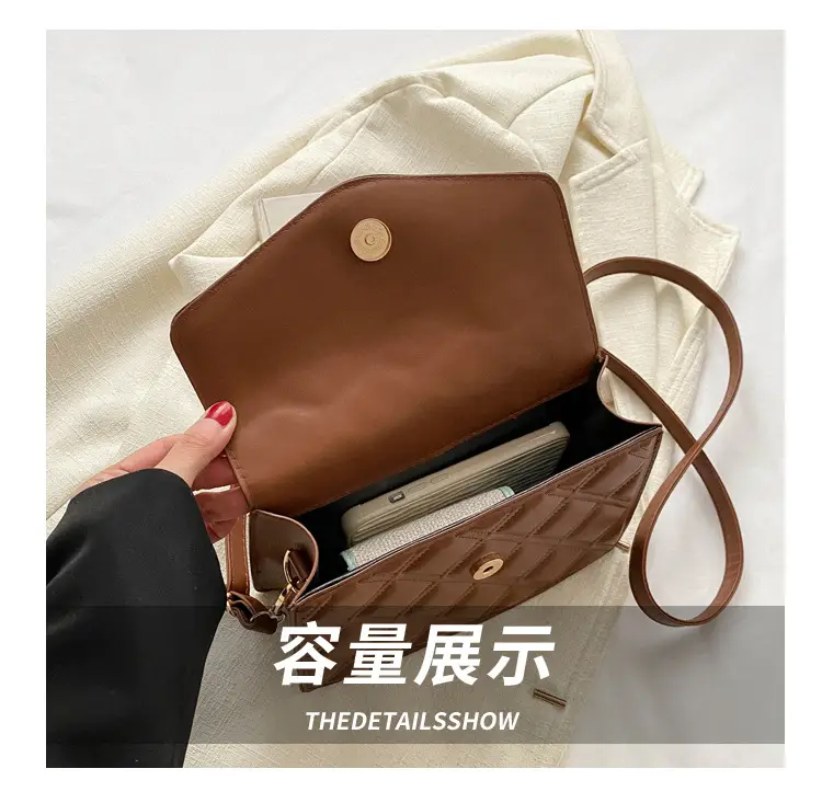 Brown Quilted Women's Shoulder Bag with Gold Logo — feature 7