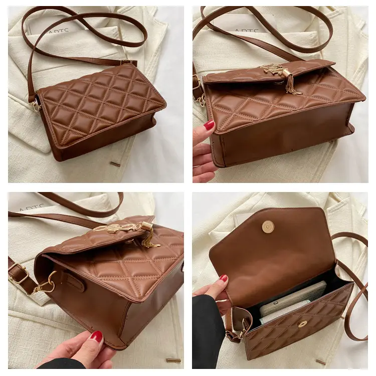 Brown Quilted Women's Shoulder Bag with Gold Logo — feature 8