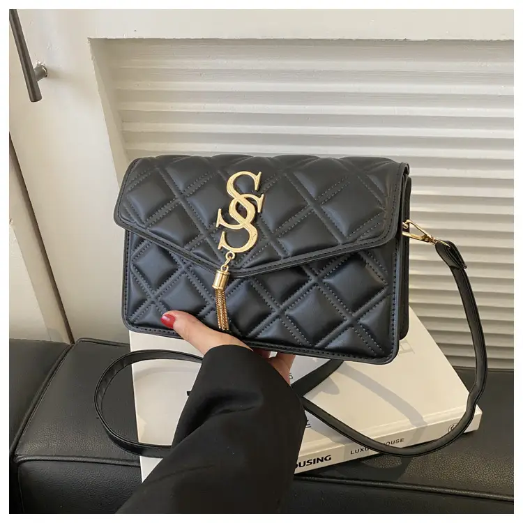 Brown Quilted Women's Shoulder Bag with Gold Logo — feature 9