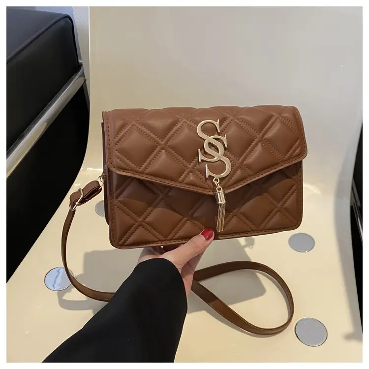 Brown Quilted Women's Shoulder Bag with Gold Logo - Image 4