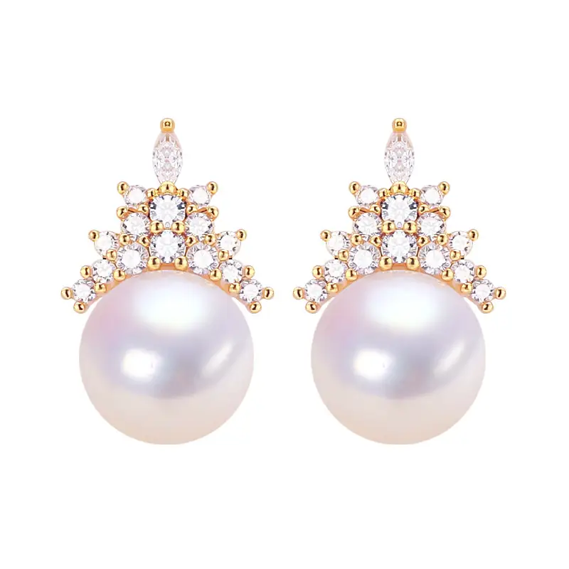 18K Gold Pearl Earrings Ice Queen Style for Women