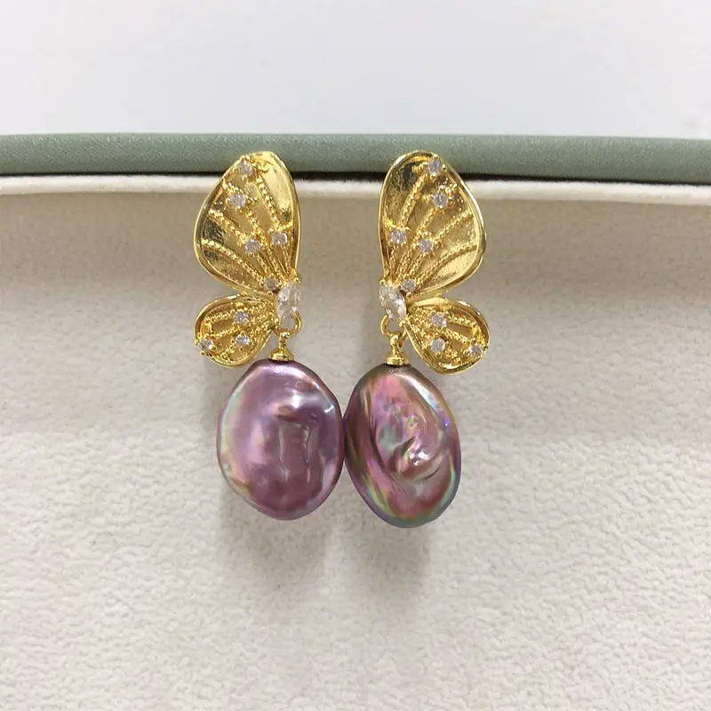 18K Gold Butterfly Pearl Earrings for Women