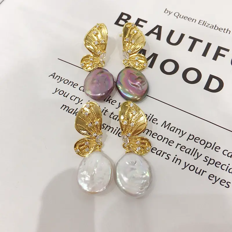 18K Gold Butterfly Pearl Earrings for Women