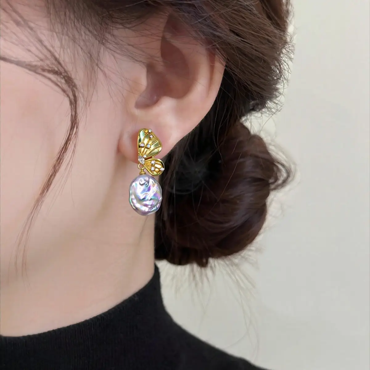 18K Gold Butterfly Pearl Earrings for Women