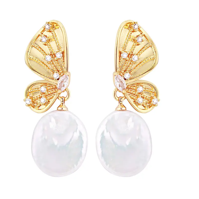 18K Gold Butterfly Pearl Earrings for Women