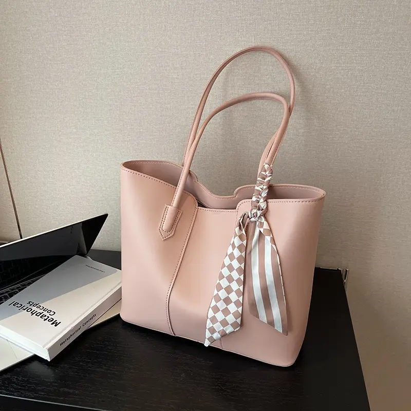 Pink Leather Tote Bag with Checkered Tassel for Women - Image 7