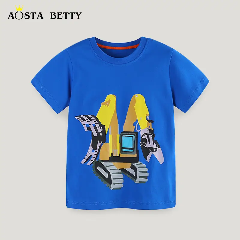 Blue Cartoon Excavator Kids T-Shirt Short Sleeve - Image 2