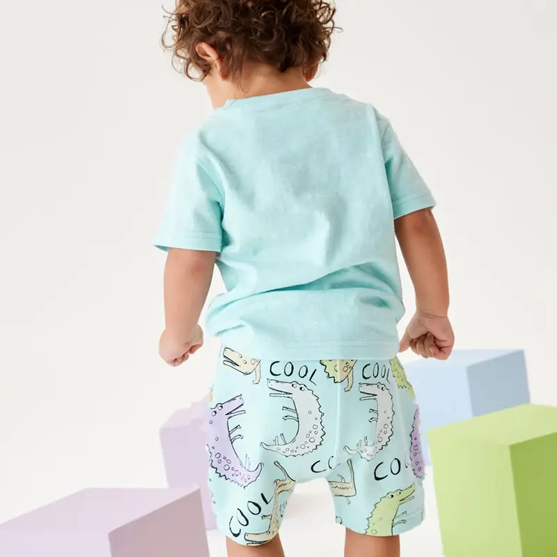 Summer Boys Dinosaur Printed Cotton Suit Light Blue - Image 2