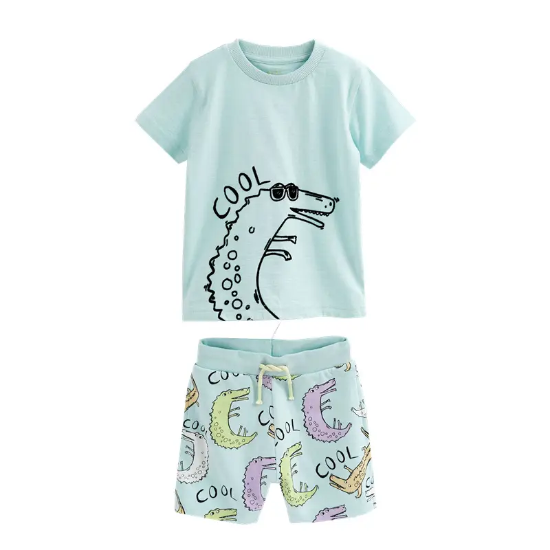 Summer Boys Dinosaur Printed Cotton Suit Light Blue - Image 3