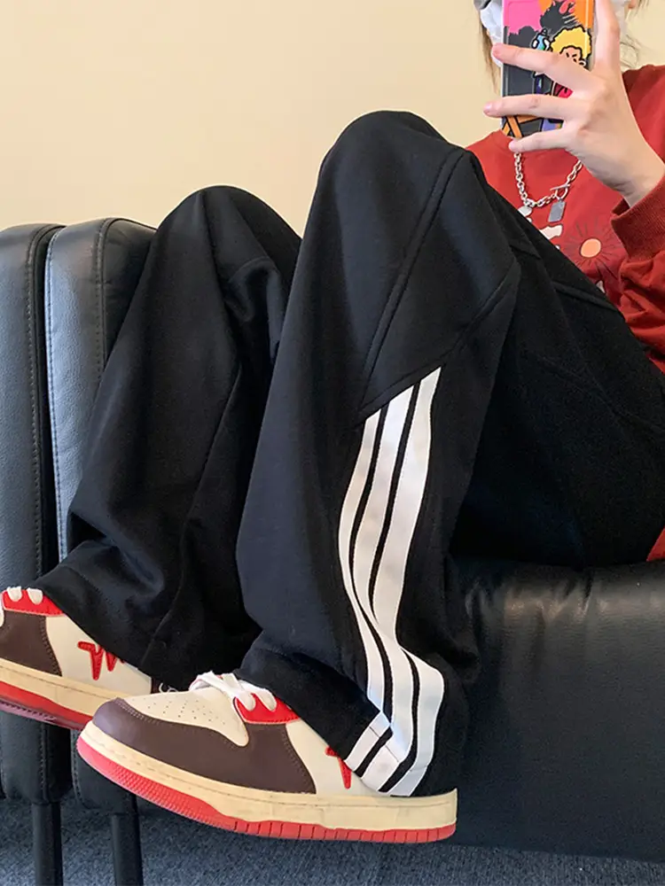 Men Heavy Striped Sweatpants Red Black American High Street - Image 3
