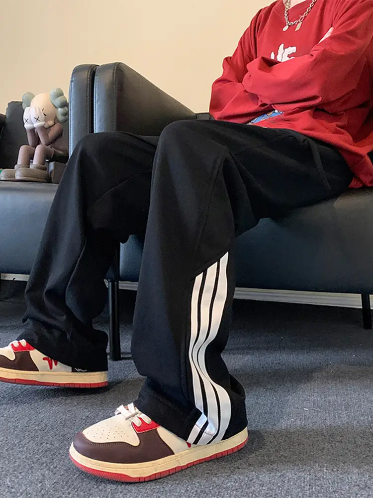 Men Heavy Striped Sweatpants Red Black American High Street - Image 4