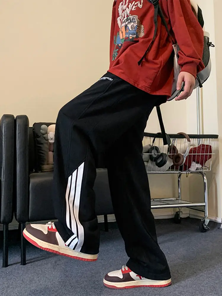 Men Heavy Striped Sweatpants Red Black American High Street - Image 5