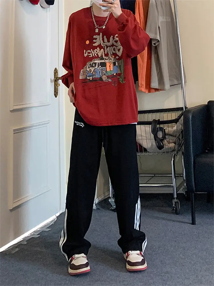 Men Heavy Striped Sweatpants Red Black American High Street - Image 7