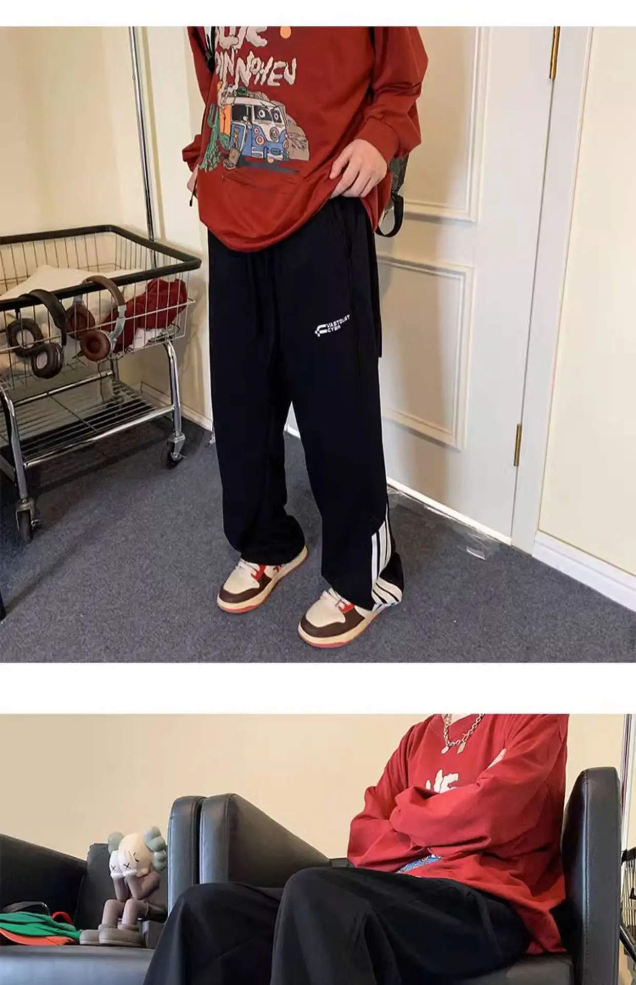 Men Heavy Striped Sweatpants Red Black American High Street — feature 11