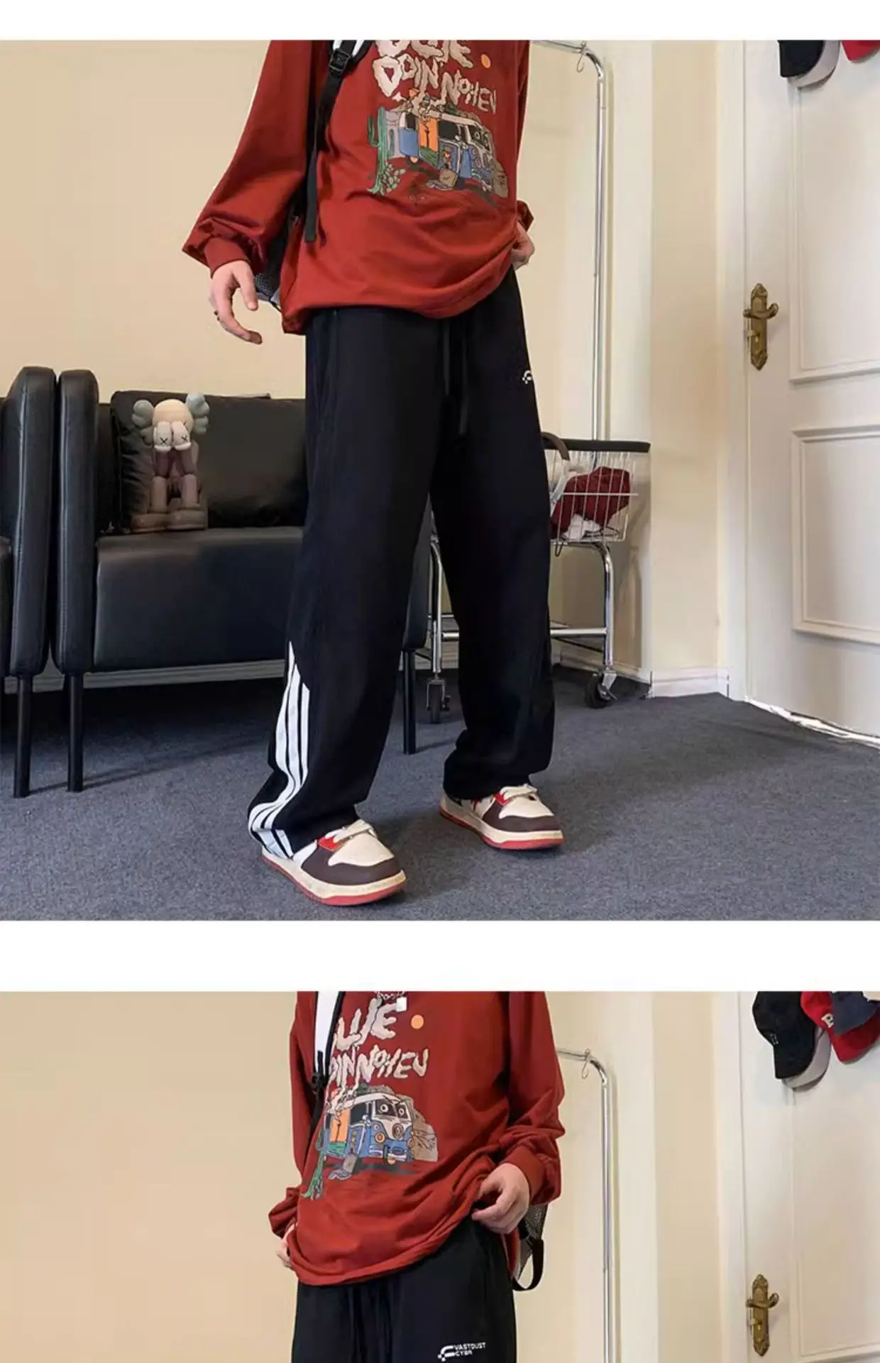 Men Heavy Striped Sweatpants Red Black American High Street — feature 9
