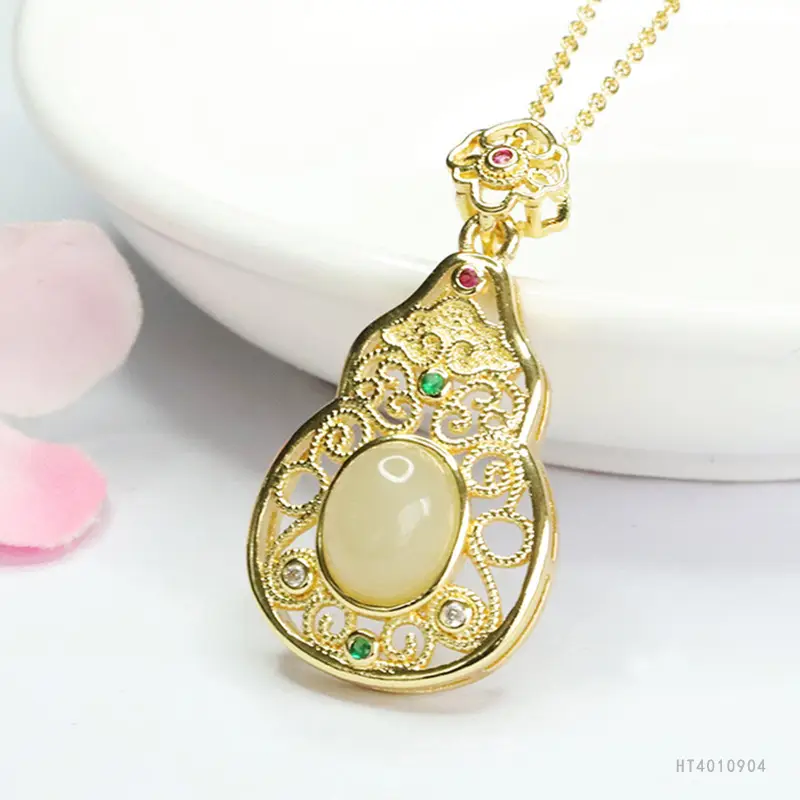 Guan Yu Jade Pendant Necklace Clear Water Gourd Gold