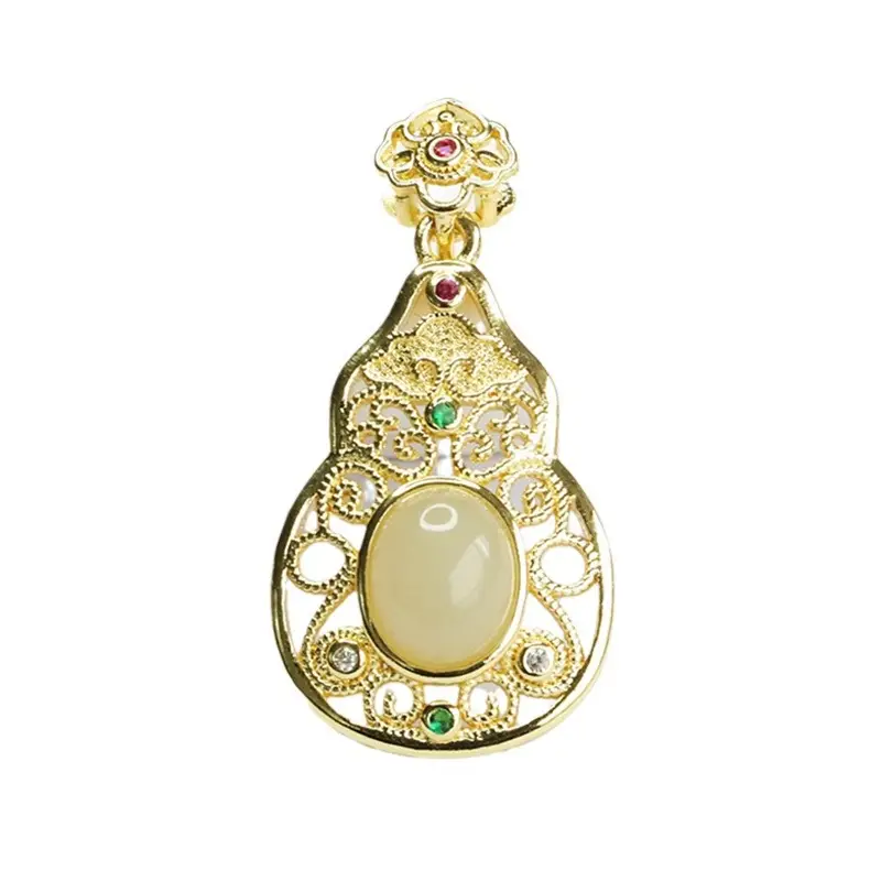 Guan Yu Jade Pendant Necklace Clear Water Gourd Gold