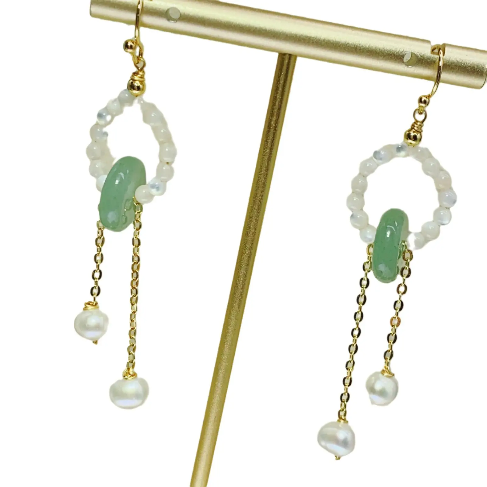Handmade Pearl Earrings with Pink Jade Tassel - Image 12