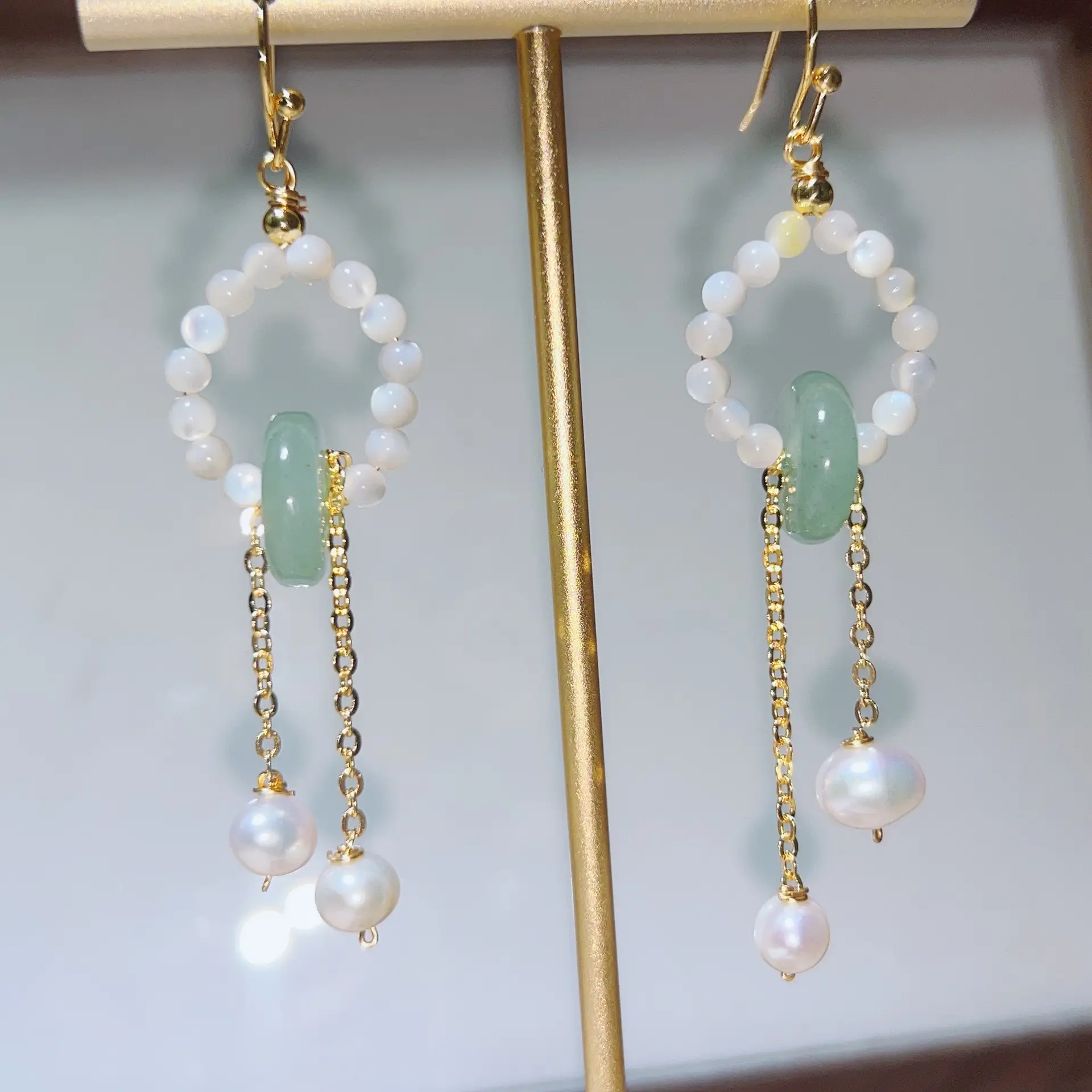 Handmade Pearl Earrings with Pink Jade Tassel — feature 11