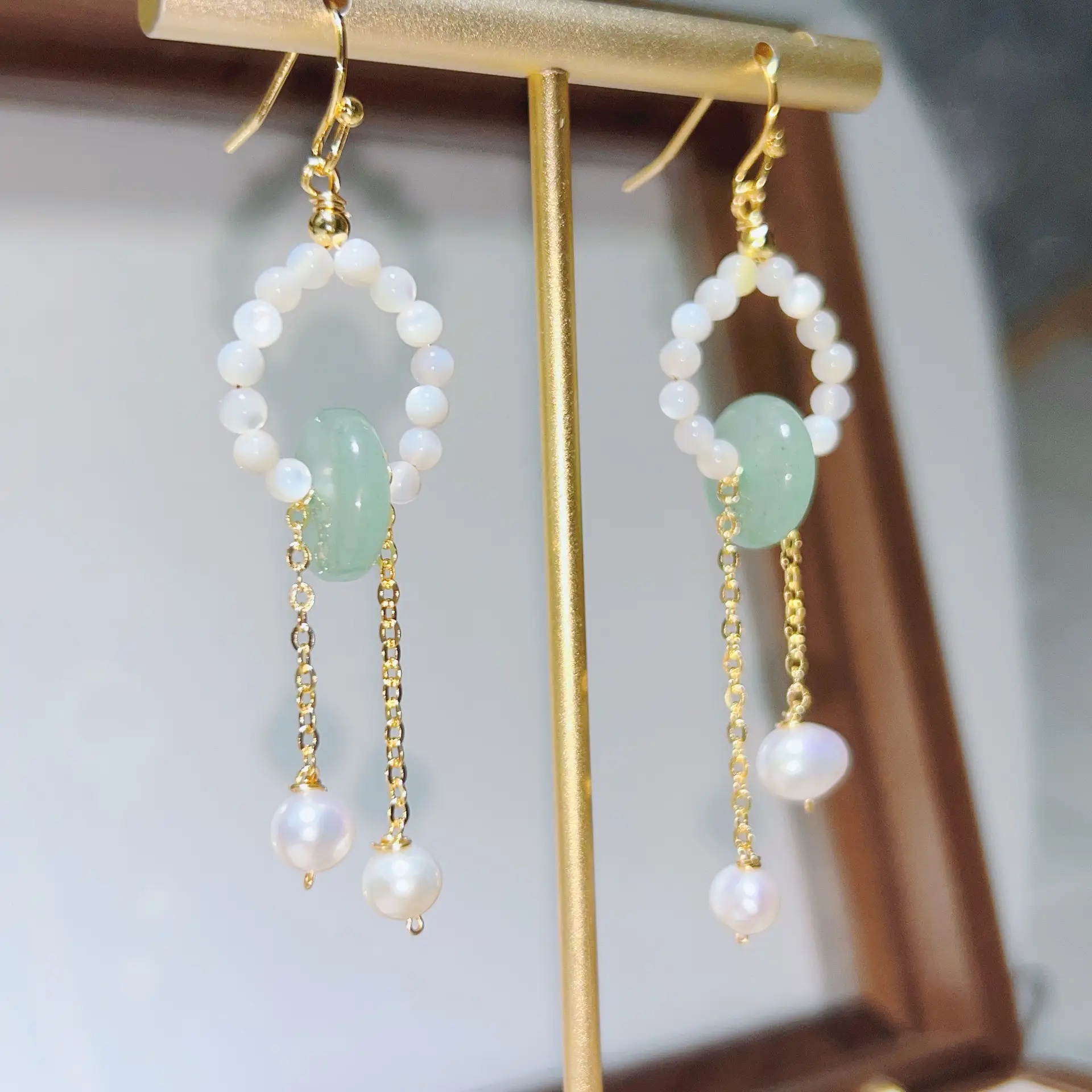 Handmade Pearl Earrings with Pink Jade Tassel — feature 13