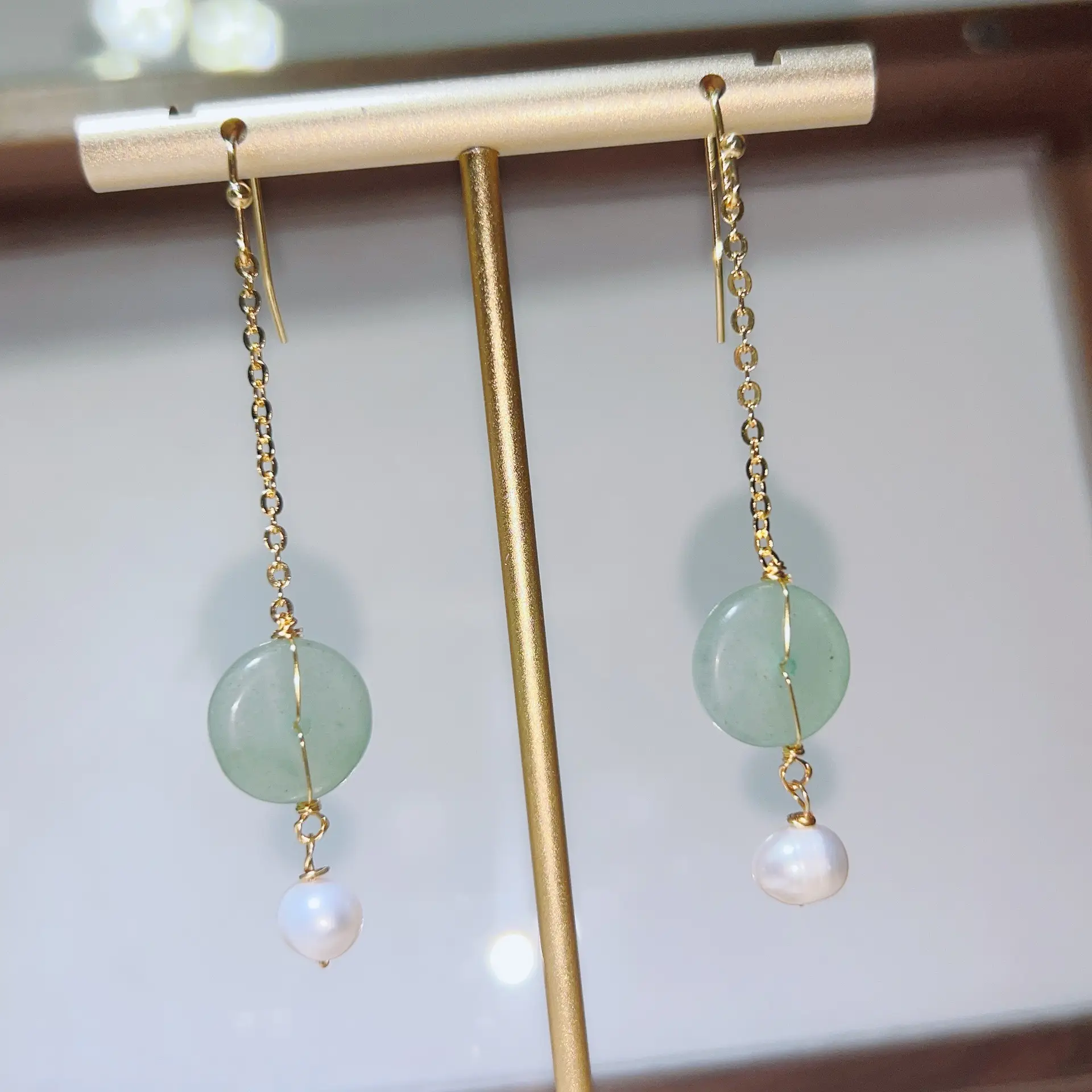 Handmade Pearl Earrings with Pink Jade Tassel — feature 14