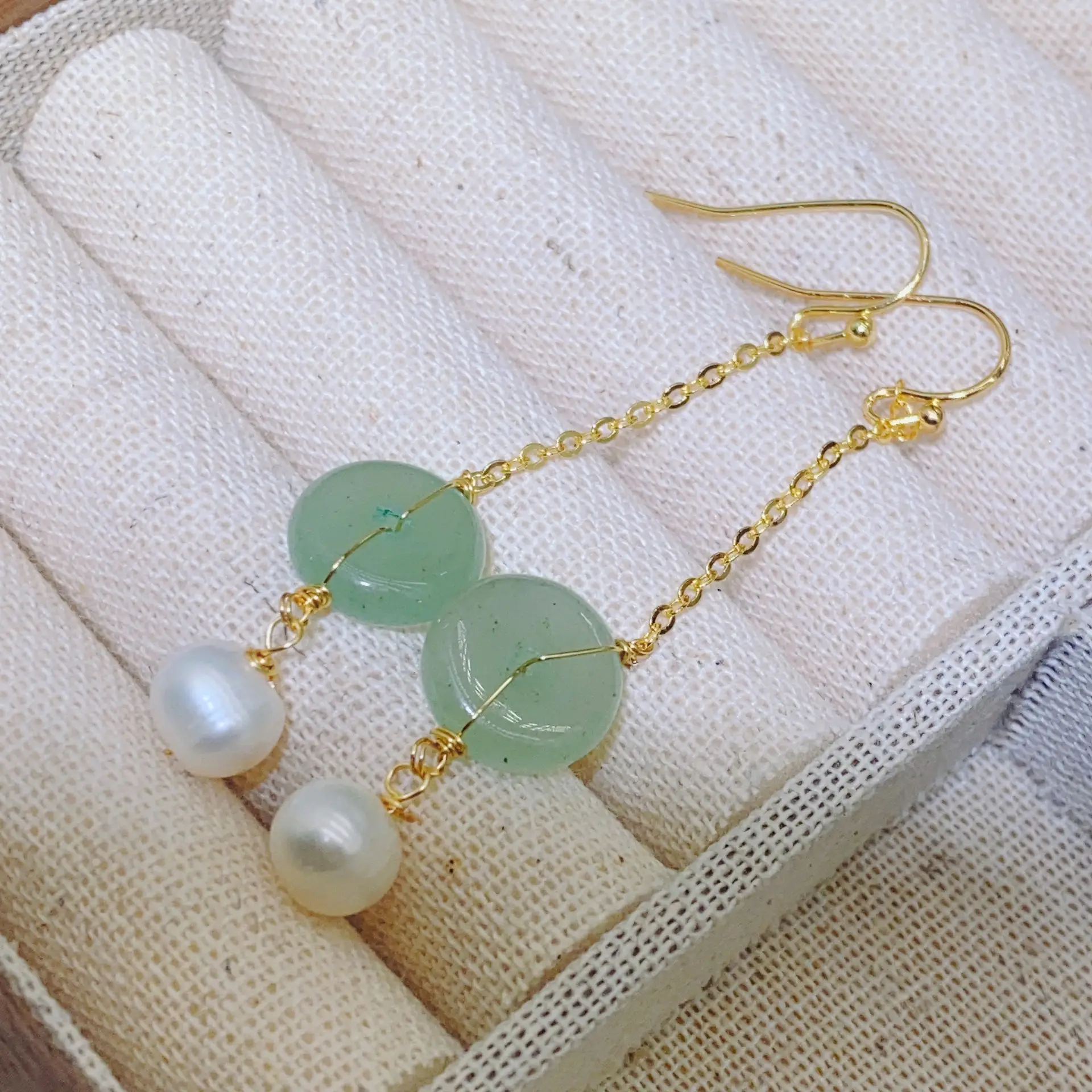 Handmade Pearl Earrings with Pink Jade Tassel - Image 2