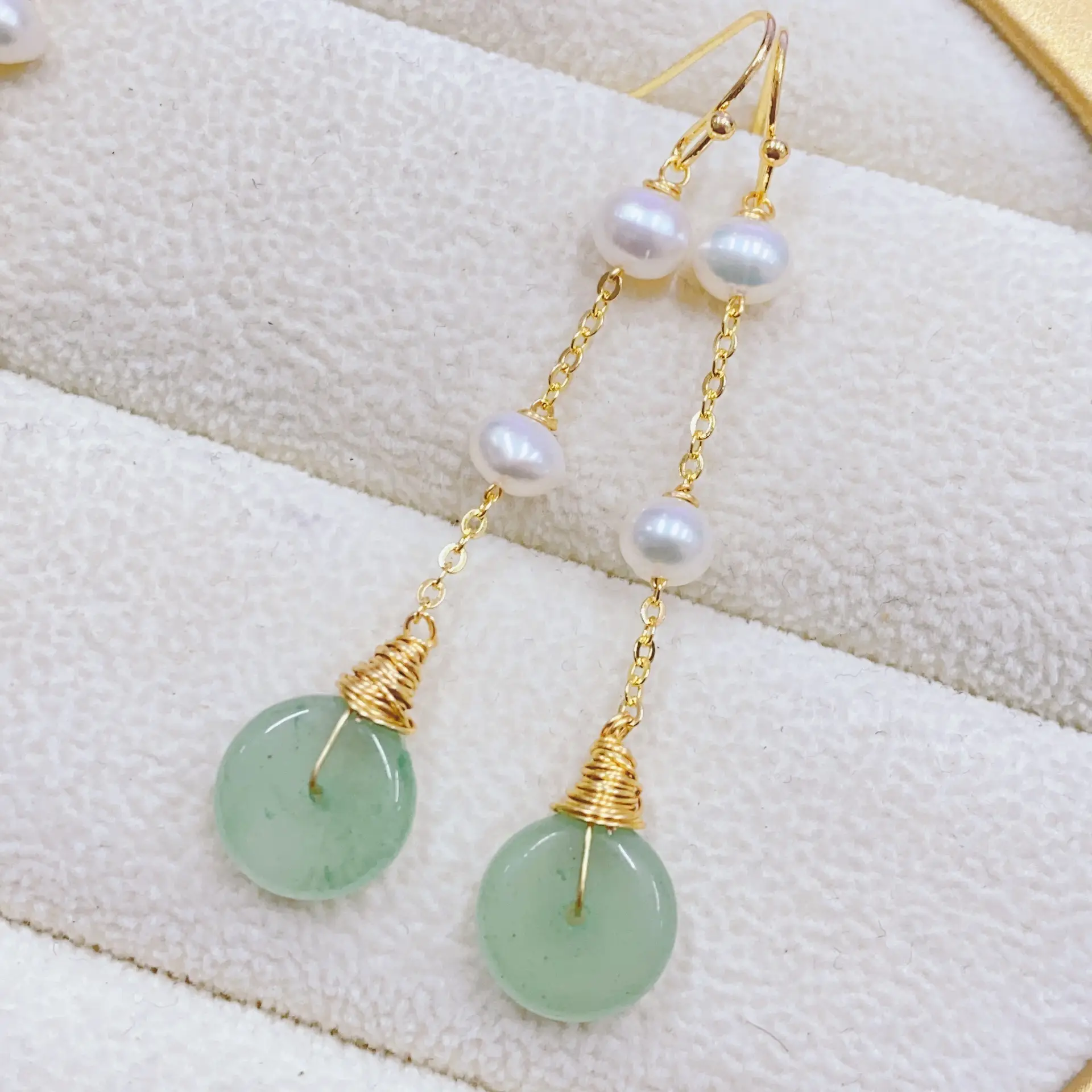 Handmade Pearl Earrings with Pink Jade Tassel - Image 3