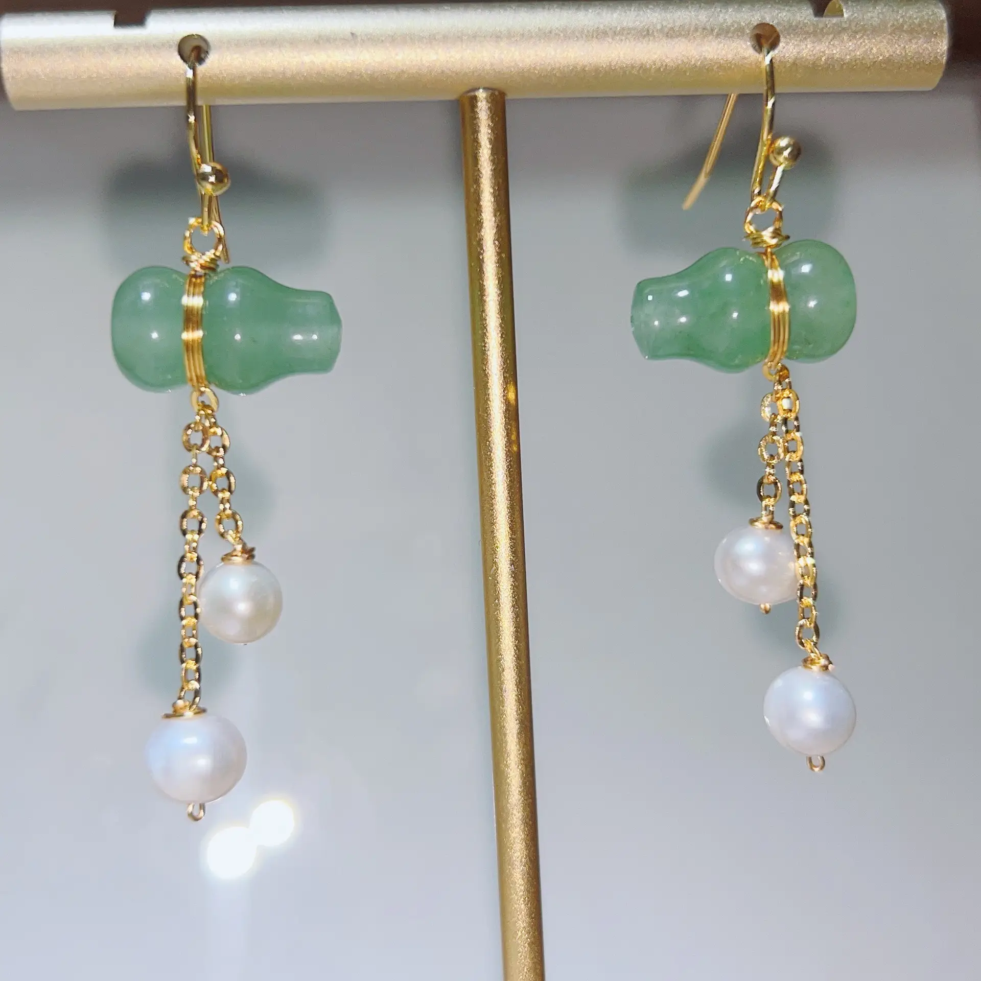 Handmade Pearl Earrings with Pink Jade Tassel - Image 4