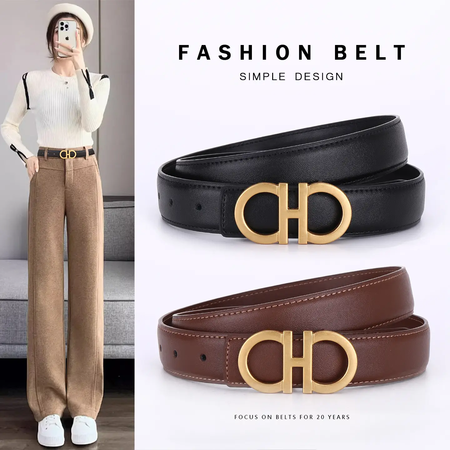 Women Figure-Eight Buckle Belt Genuine Leather Brown 3.0cm - Image 7