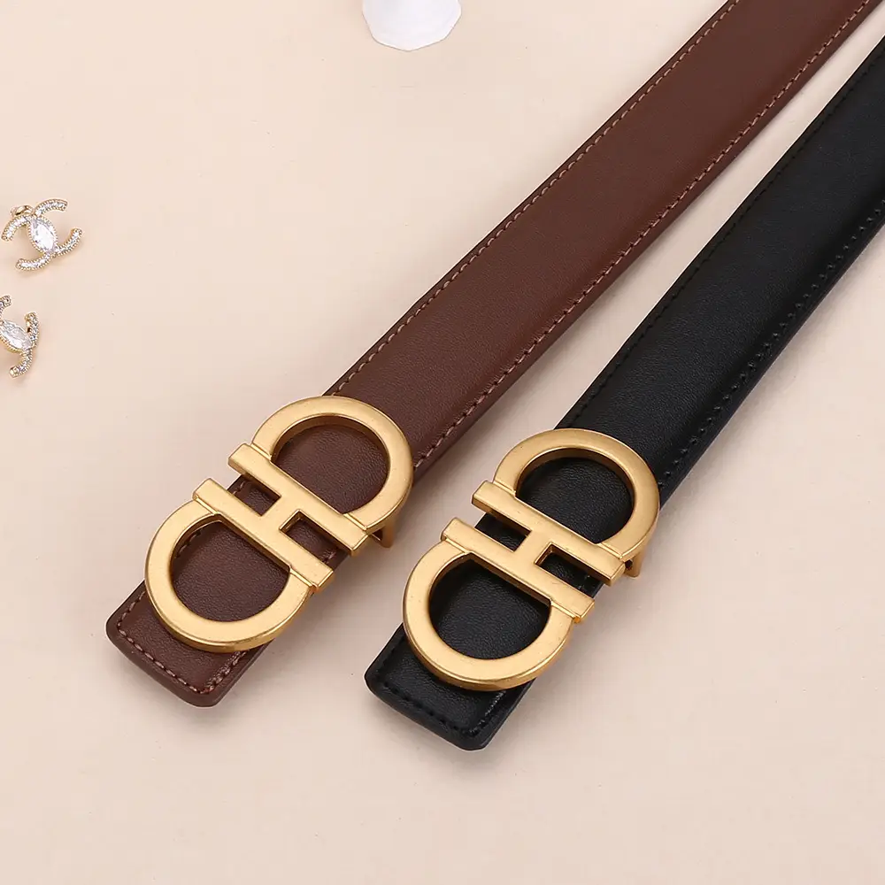 Women Figure-Eight Buckle Belt Genuine Leather Brown 3.0cm - Image 9