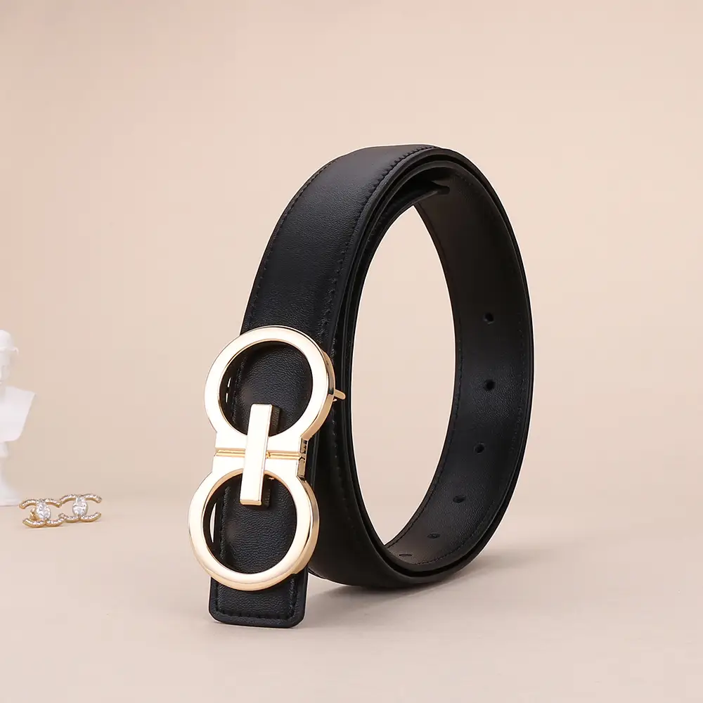 Black Leather Belt with Gold G Logo Buckle 3.0cm