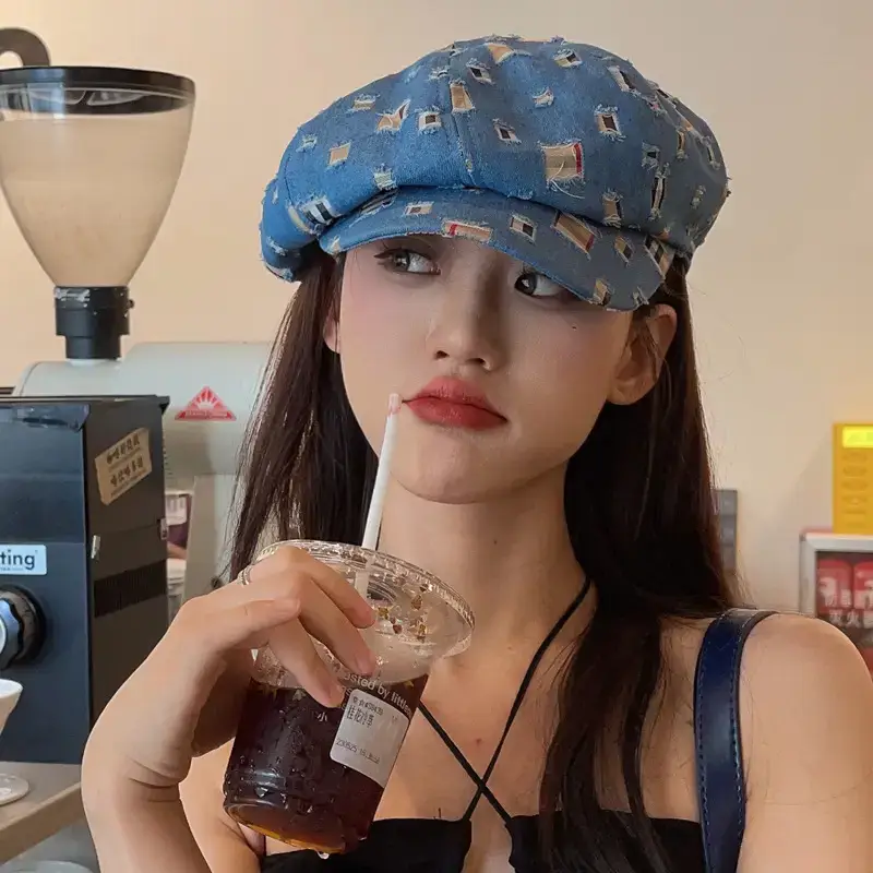 Women Korean Style Denim Rippen Cap Sun Protection - Image 6