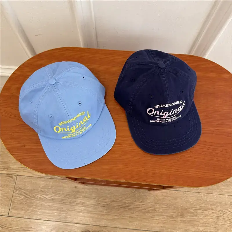 Blue Korean Style Flat Brim Cap with "Original" Embroidery