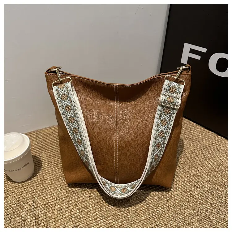 Women's Litchi Pattern Shoulder Bags Brown Black Brown - Image 3